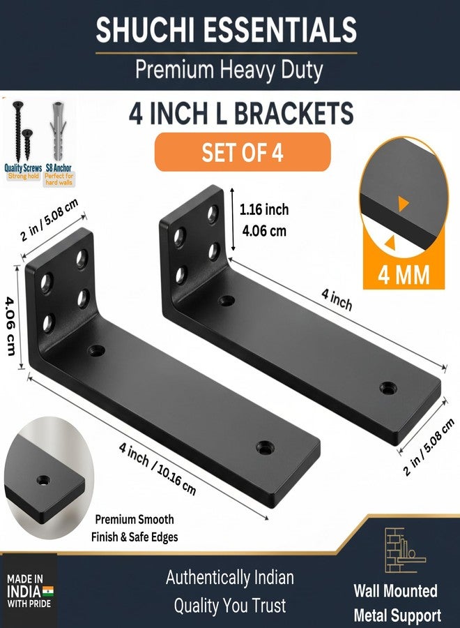 Shuchi Essentials 4 Inch L Angle Bracket for Wall Shelves - Heavy Duty Metal Shelf Brackets for Wall, L Brackets for Wall Shelves, Wall Mounted Angle Brackets for Wooden Shelves, Matte Black (Pack 4) - Image 3